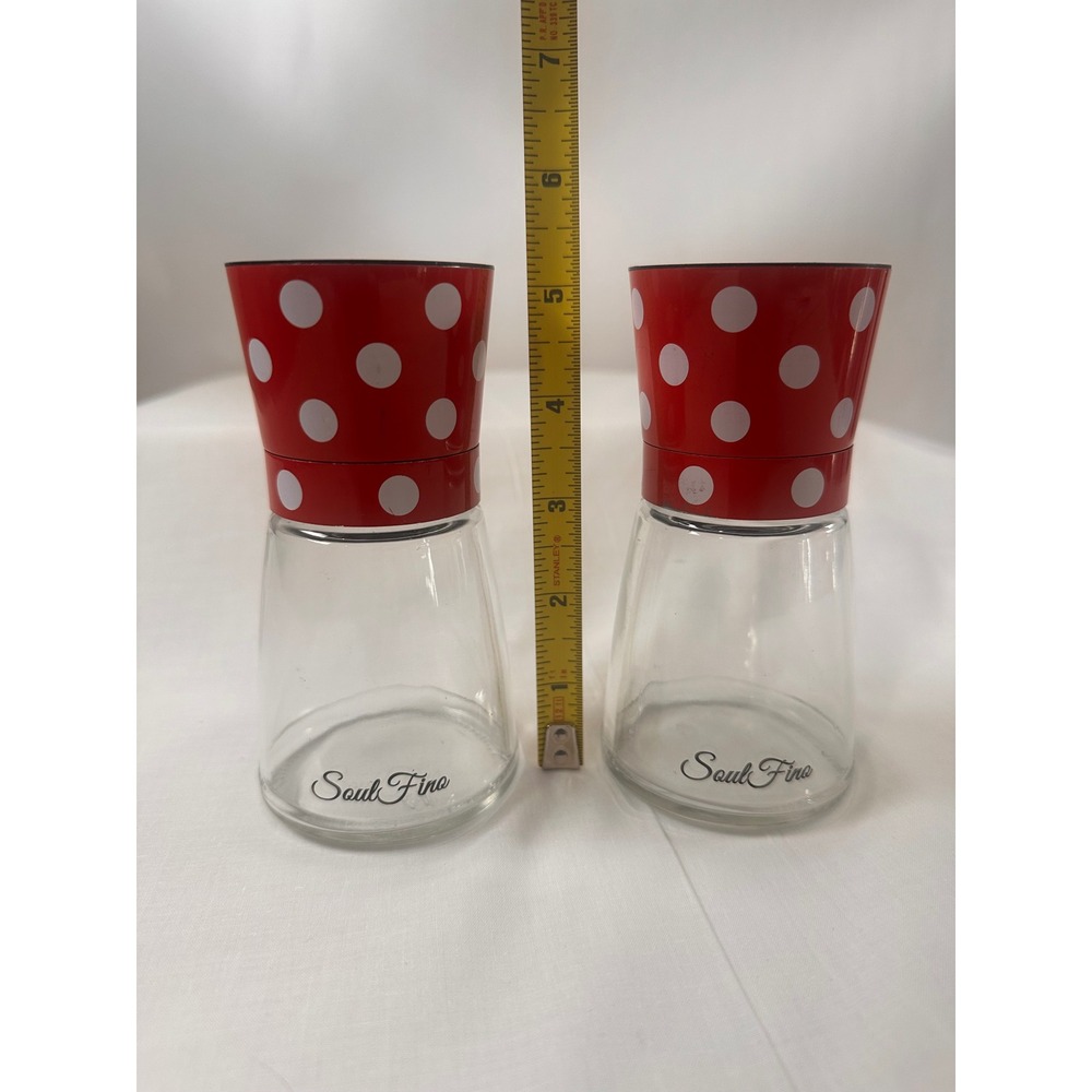 Soul Fine Red White Polka Dot Salt and Pepper Grinder Set Glass Manual Mills 5" - Picture 2 of 9